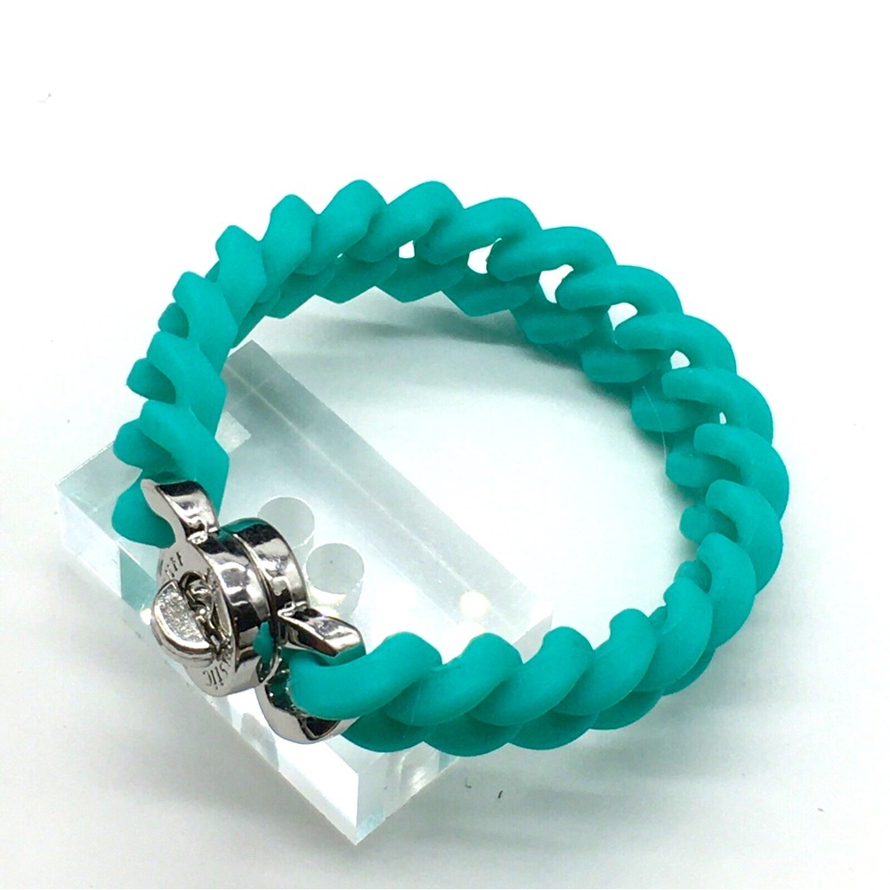 Rustic Cuff Silver Tone Logo Turnlock Silicone Stretch Bracelet - Turquoise